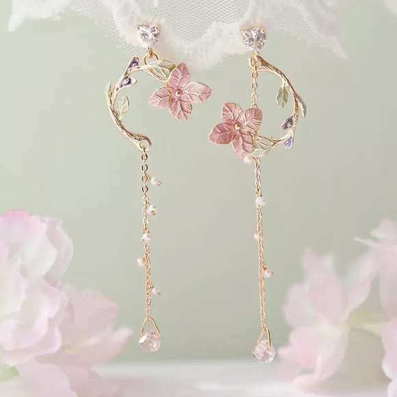 Floral drop earrings dangle gold stud heart bead stone womens pink green - Picture 1 of 5